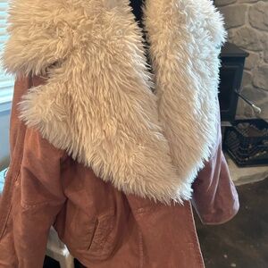 Free People Lolo Pink Denim Jacket with Faux Fur Size M
